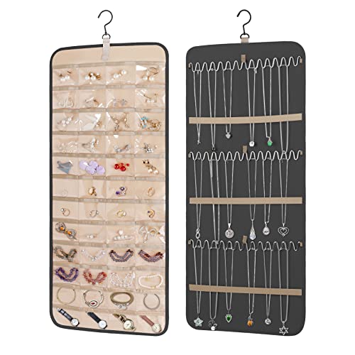 KWQBHW Organizador de joyas colgante de doble cara, soporte para aretes de pared con 42 bolsillos y 39 ganchos, soporte para collar de armario para aretes, pulsera, cadena de anillos, 83 cm
