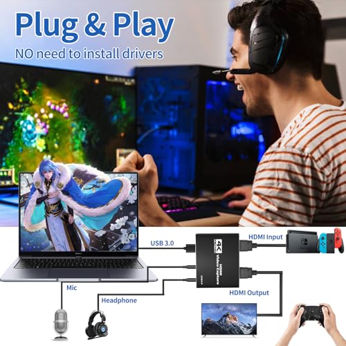 4K HDMI Capture Card for Streaming USB 3.0 Audio Video Capture Card Full HD 1080P 60FPS, Game Recorder for Gaming/Live Streaming/Video Conference