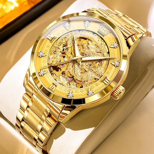 Image of OLEVS Dragon Skeleton Mens Automatic Watch 42MM Large Dial Gold Luxury Self-Winding Diamond Waterproof Stainless Steel Business Tourbillon Mechanical Watches
