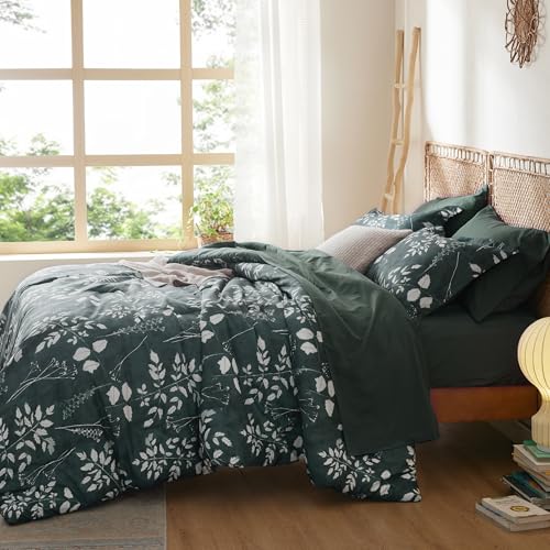 Image of Bedsure Floral Forest Green Comforter Set, Twin Bedding Sets, 5 Piece | Bed in a Bag, Comforters, Bedroom, Reversible, Fluffy, Whisper-Quiet, All-Season, Polyester, Easy Care, Botanical-Chic, OEKO