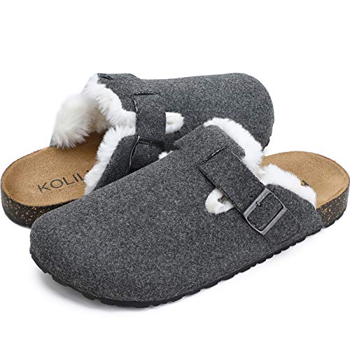 Kolili Womens Cork Clogs For Women, Indoor Outdoor Fuzzy Slipper Warm Shoes, Cozy Mules & Clogs With Buckled Felt (Grey/Cork, Adult, Women, Numeric_10, Numeric_Range, Us_Footwear_Size_System, Numeric_11, Medium) #TOP26
