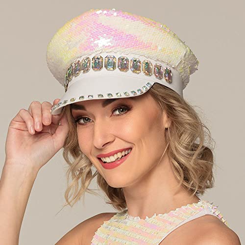 Boland 33021, Sandy Candy Hat, White/Silver, with Reversible Sequins and Gemstones, Rock Star, Punk Lady, Hat, Costume - Image 3