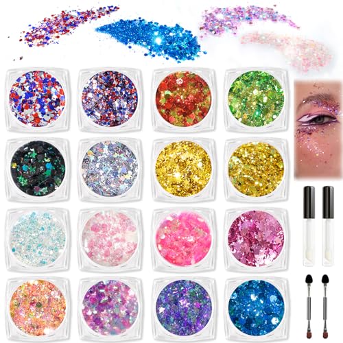 SIUSIO 16 Colors Chunky Holographic Body Glitter Glitter Glue for Face Glitter Makeup, Hair, Eye & Fine Glitter Eyeshadow - Perfect for Halloween, Slime, Resin, Tumblers, Craft, Makeup & Nail Art