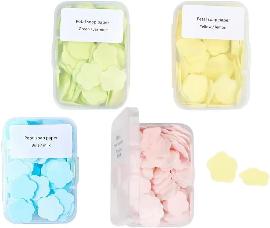 4 Boxes Paper Soap, 4 Random Different Scented Mini Portable Disposable Petal Hand Wash Sheets, Dissolvable Hand Bath Soap,Suitable for Outdoor,Camping and Hiking,Personal Care(Approx 400 Sheets)