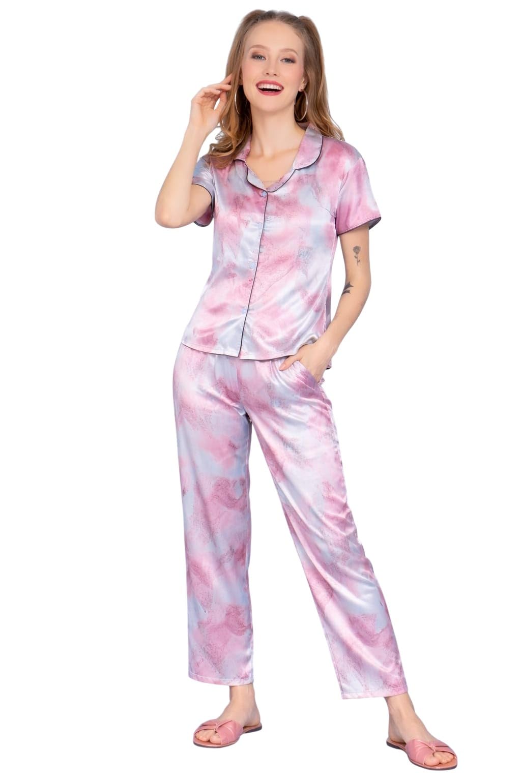 Women’s Satin Pajama Set – Short Sleeve Button-Down Top & Full-Length Pants Sleepwear Lounge Set (Tie - Dye, XXL)-picture-53