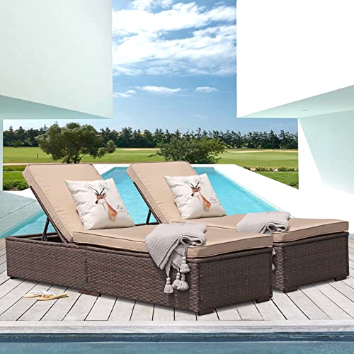 Verano Garden Outdoor Chaise Lounge, Patio Pool Lounge Chairs For Outside, Wicker Rattan Reclining Folding Pool Lounger With Adjustable Backrest And Removable Cushions, Beige(Set Of 2) #TOP11