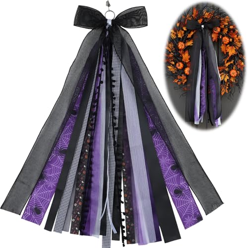 YKW Halloween Wreath Bow 27 Inch, Black Purple Spider Web Sash for Front Door Decoration, Large Gothic Ribbon Streamers Indoor Outdoor Wall Hanging