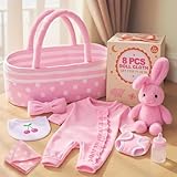 BABESIDE 8 Pcs Baby Doll Accessories, Reborn Baby Dolls Clothes with Bassinet for 17-22 Inch Babydolls, Outfit fit Babies Dolls Girl, Babies Pretend Play Set