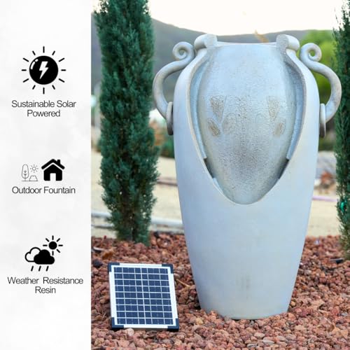 Image of XBrand 34 inch Solar Pot Fountain, Amphora-Inspired Design, Outdoor Water Fountain, Polyresin, Gray