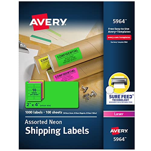 🔥 Crazy Deals Avery Printable Shipping Labels with Sure Feed, 2" x 4", Assorted Neon (Magenta, Green and Yellow), 1,000 Blank Mailing Labels (5964)