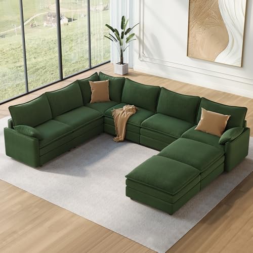 Image of Vesgantti Large Modular Sectional Sofa, Big Comfy Cloud Couch with Ottoman Deep Seat Chenille Cloud Sofa, 8 Seater Large Sectional Couches for Living Room, Bedroom and Apartment, Green