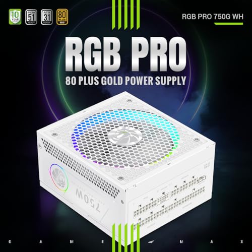 Image of GAMEMAX 750W 80+ Gold Fully Modular White Power Supply, ATX 3.1 Version with LLC+DC-DC Circuit, Full-Range 110-240V, 140mm ARGB Fan with Sync, 105C Mainstream Japanese Capacitors (RGB PRO 750G WH)