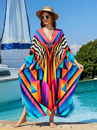 Image of IMAGEKOPE Women's Plus Size Animal Print V-Neck Batwing Kaftan Beach Dress Bathing Suit Cover-Up Loungewear