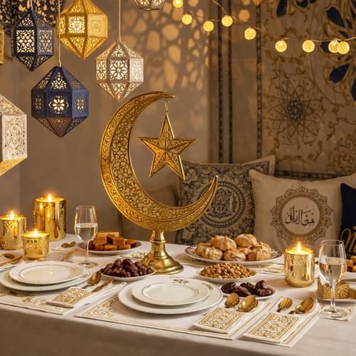 Yungyan Ramadan Table Decor Set of 6, 19 Pcs Islamic Embroidery Linen Placemats with Table Runner, Placemats, Coasters, Cutlery Holders for Eid Mubarak Dinner Home Kitchen Decor Muslim Gift by Yungyan - Image 5