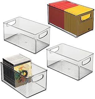mDesign Set of 4 Plastic Storage Bin with Integrated Handles  Home Office Storage Solutions for Pens, Paper, Folders and More  Compact and Stackable Storage Container  Smoke Grey
