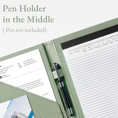 Image of Mymazn Padfolio Portfolio Folder, Faux Leather Interview Resume Folder with Document Organizer & Business Card Holder, Letter-Sized Notepad Legal Pad Holder for Men Women (Sage Green)