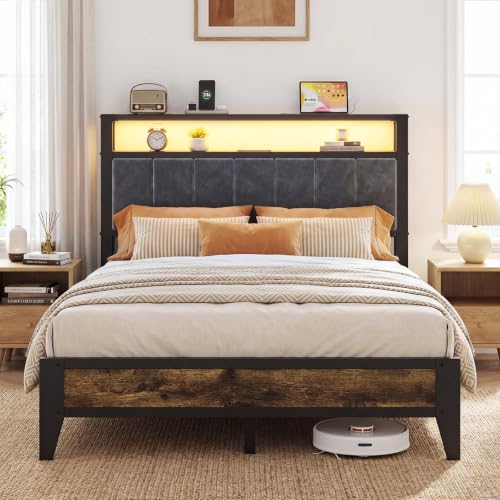 Image of OLEVS Full Size Bed Frame with Charging Station & LED Light, 2-Tier Storage Headboard & Footboard, Type C & USB Ports Metal Platform Bed, No Box Spring Needed, Easy Assembly