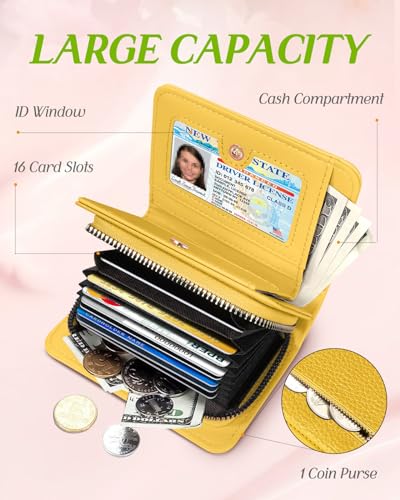 Image of Bistup Leather 12 Slot Accordion Card Holder Wallet, Yellow Bee | Accordion Storage, Zipper Around Closure, Compact Patterned Wallet for IDs, Cards, Cash, Daily Carry and Gifts