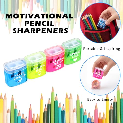 Sabary 48 Pack Manual Pencil Sharpener Bulk Colored Dual Hole Handheld Sharpeners with Lid and Motivational Quotes for Students School Class Home Office Supplies (Rectangular Style) - Image 4