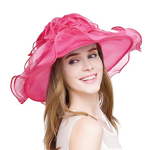 2026 Derby Hats for Women Girls Ladies, Organza Church Tea Party Wedding Kentucky Fascinator Hat UV Protection Sun Hat Rose Red