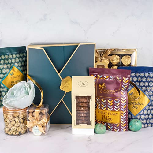 Image of Chocovic Festive Gift Hamper Stamping Box Large | Pack of 7 Snacks & Sweets | Wheat Flaky Mix, Moong Dal, Nutty rock, soft belgium cookies, Peanut Sticks, Kodo Puff, Oat Crave | Festive Gift for Family