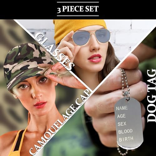 Instant Army Fancy Dress Set - Camouflage HAT Dog Tags Gold Aviators Mens Ladies Unisex