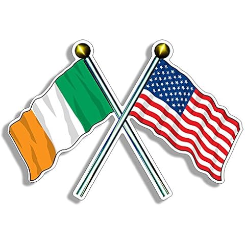 USA and Ireland Crossed Flags on Poles Sticker (American and Irish Flag Waving Together Vinyl, The Tricolour and Old Glory Sticker for Cars, Laptop, Back Windows, and Tumblers (3 x 5 inch) Cover