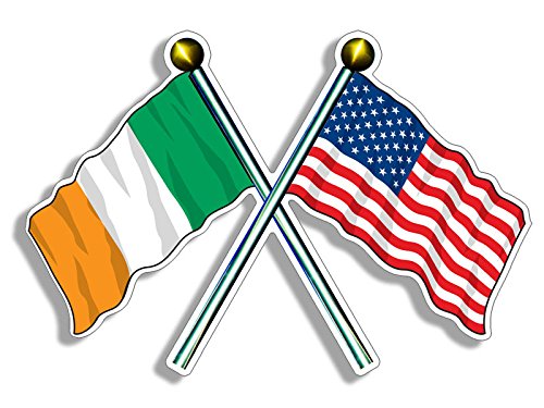 USA and Ireland Crossed Flags on Poles Sticker (American and Irish Flag Waving Together Vinyl, The Tricolour and Old Glory Sticker for Cars, Laptop, Back Windows, and Tumblers (3 x 5 inch)