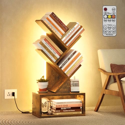 Hoctieon 3 Tier Tree Bookshelf with LED Lights, Small Bookcase