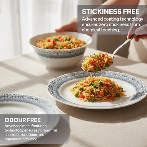 Image of CELLO Aurum Imperial Plus Series Opalware Dinner Set of 19 Pieces for Family of 6 | Bone-Ash Free & Leadfree Opal Glass Microwave & Dishwasher Safe Crockery Plates & Bowls Set for Daily Use & Gifting