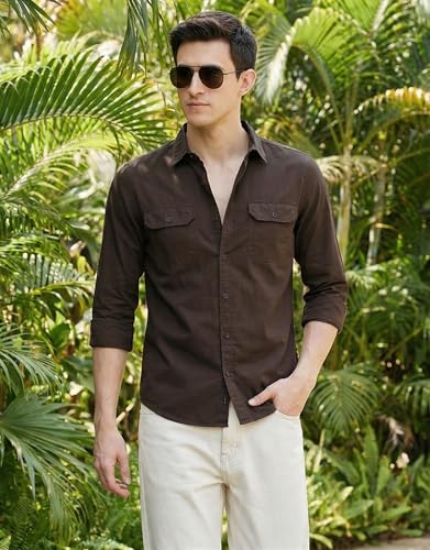 Image of IndoPrimo Men's Cotton Shirt with Stylish Flap Pockets Full Sleeves Spread Collared Neck Solid Pattern Western Style Classic Fit and Standard Length
