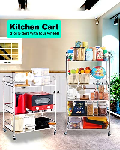 Stainless Steel Cart With Wheels 3 Tier Kitchen Cart With Storage Metal Rolling Cart Bathroom Storage Cart Bathroom Cart Organizer With Brake Wheel #TOP3