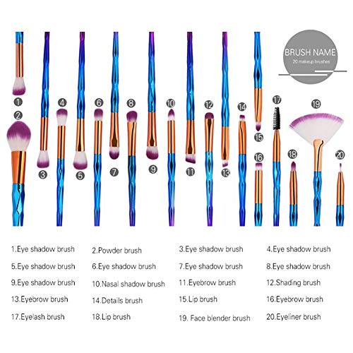 20pcs Makeup Brush Set, Shiny Gold Diamond and Foundation Powder Cream Eyeliner Blush Brush Kits (blue)