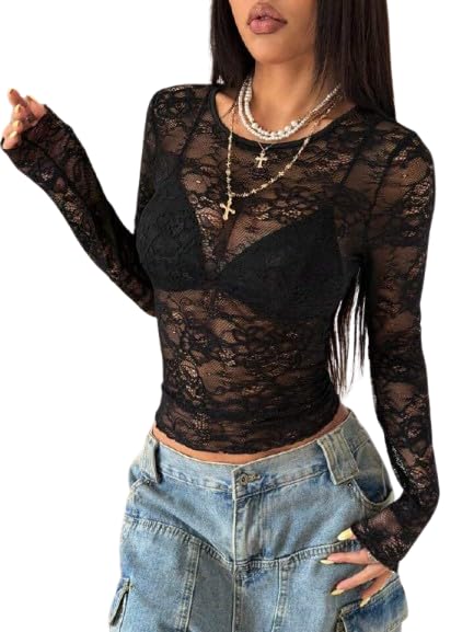 Women Black Lace Mesh Top Full Sleeve | Sheer Slim Fit Crop Top for Women & Girls | Stretchable See Through Stylish Top