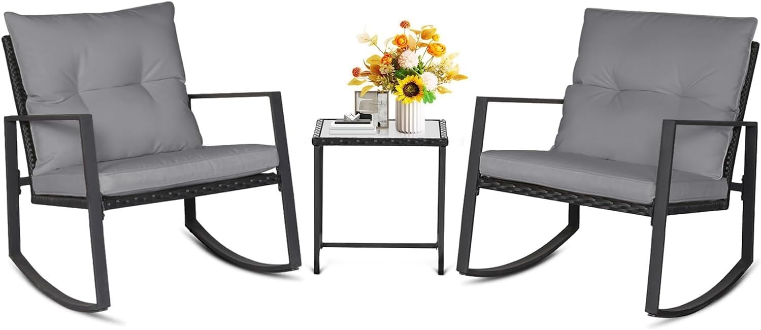 3 Piece Outdoor Rocking Bistro Set Black Wicker Furniture Porch Chairs Conversation Sets with Glass Coffee Table for Backyard Porch Balcony Poolside(Gray)