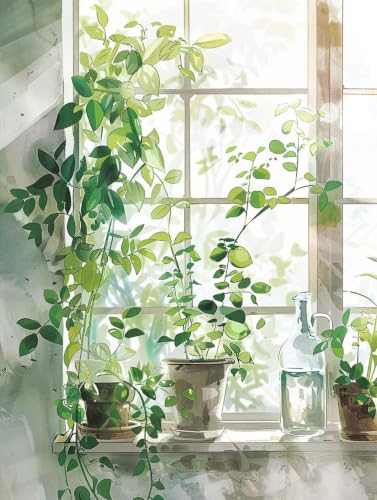 Pintura por numeros adultos de ventana y planta en maceta lienzo de 50x70cm sin marco 1