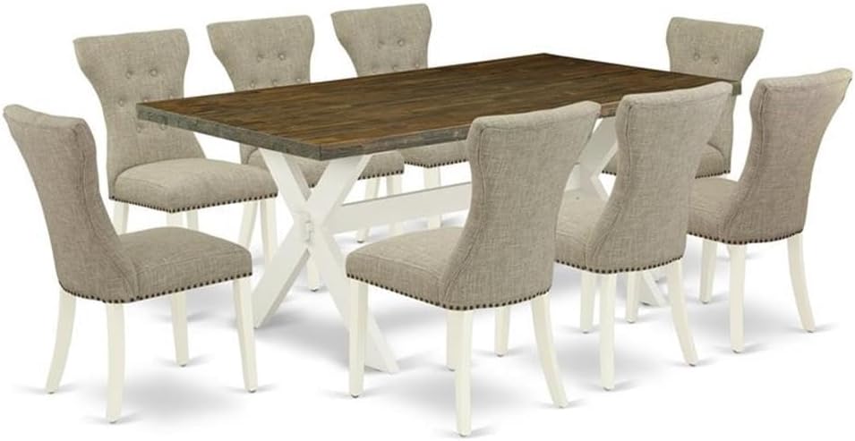 East West Furniture X077GA235-9 9 Piece Dining Room Furniture Set Includes a Rectangle Dining Table with X-Legs and 8 Doeskin Linen Fabric Upholstered Chairs, 40x72 Inch, Multi-Color