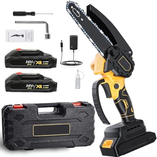 Image of Roslen Mini Chainsaw Cordless With 2 Rechargeable Batteries, Chainsaw Machine 6 inch Cutting Area Wide Heavy Duty, Battery Powered Chainsaw for Wood Working, Tree Trimming (Yellow)