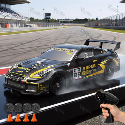 Image of VikriDA 1:24 Scale RC Drift Car - 4WD High-Speed RC Racing Car with LED Lights, 2.4GHz Controller, Rechargeable Batteries & Drifting Tires - Black & Yellow