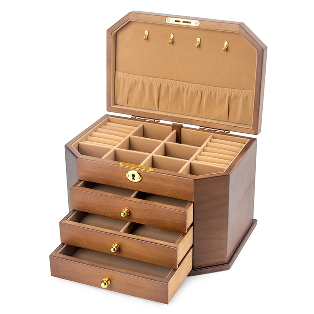 Abschließbare Schmuckschatulle aus Holz mit 3 Schubladen für Frauen und Mädchen – Halter für Ringe, Halsketten, Ohrringe, Armbänder – Aufbewahrung in Geschenkbox – Farbe A – Größe 28 x 19 x 18,5 cm (A