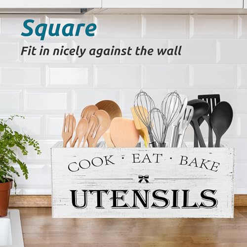Suli Extra Large Kitchen Utensils Holder with 4 Compartments, Wooden Utensil Organizer for Kitchen Countertop, Farmhouse Decor, Rustic Cooking Utensil - White grain by Suli - Image 5