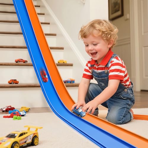 Pista de carreras flexible de 15 pies para niños a partir de 3 años, rampa de coche de carreras flexible certificada segura, juego de iniciación de pista de juguete enrollable portátil con ventosas