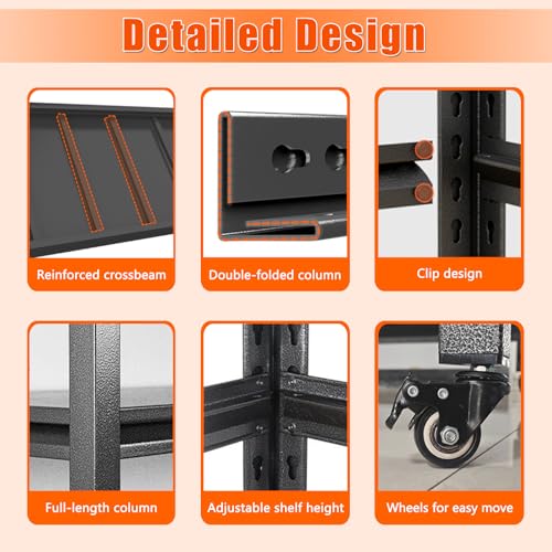 3/5 Estantería Metálica de Almacenaje Industrial,Estantería Pesada Negra Para Garaje,Estante con Ruedas Altura Regulable,Estantería para Neumáticos,Almacén & Cocina(Size:60x40x80cm) - imagen 4