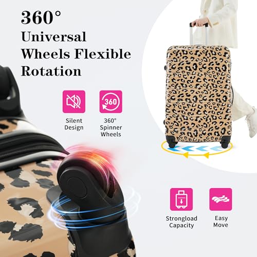 Brown Leopard Hardshell Luggage Sets 3 pcs Spinner Suitcase with TSA Lock Lightweight-20+24"+28" Luggages3