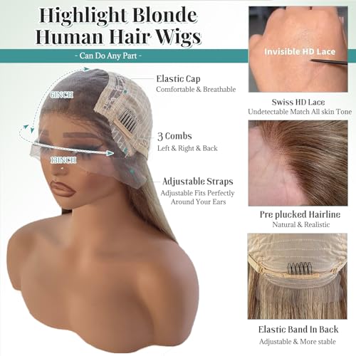 Image of Munx 13x6 Highlighted Lace Front Wigs Human Hair, Ash Blonde Balayage Glueless Wigs Human Hair for Women Ash Brown with Platinum Blonde Highlight Lace Front Wig Pre Plucked 180% Density 26 inch