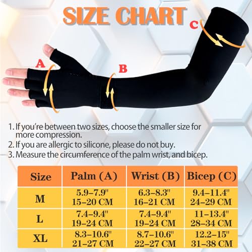 Image of Long Copper Compression Arm Sleeve with Hand, Fingerless Compression Glove with Sleeve for Men Women, Graduated Compression Full Arm Support