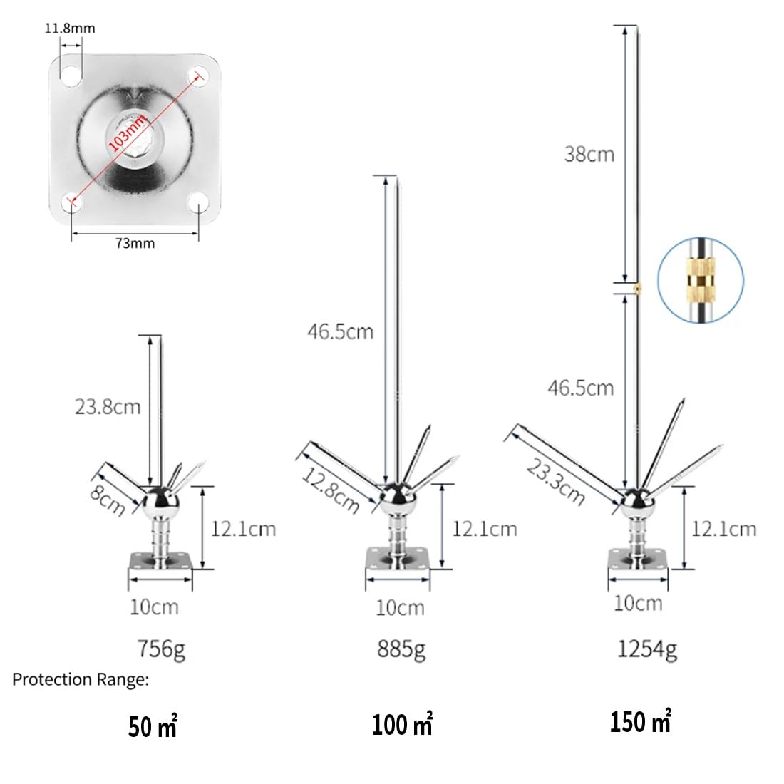 Lightning Rod, Roof Mounted Copper Lightning Arrester, Heavy Duty Corrosion Resistant Lightning Protection for Home, Villa, Warehouse, Outdoor Building(Protect 150m²)
