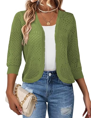 Image of REDHOTYPE Women's 3 /4 Sleeve Cardigan Open Front Cropped Shrugs Summer Hollowed Lightweight Cardigans Sweater (S-XL)