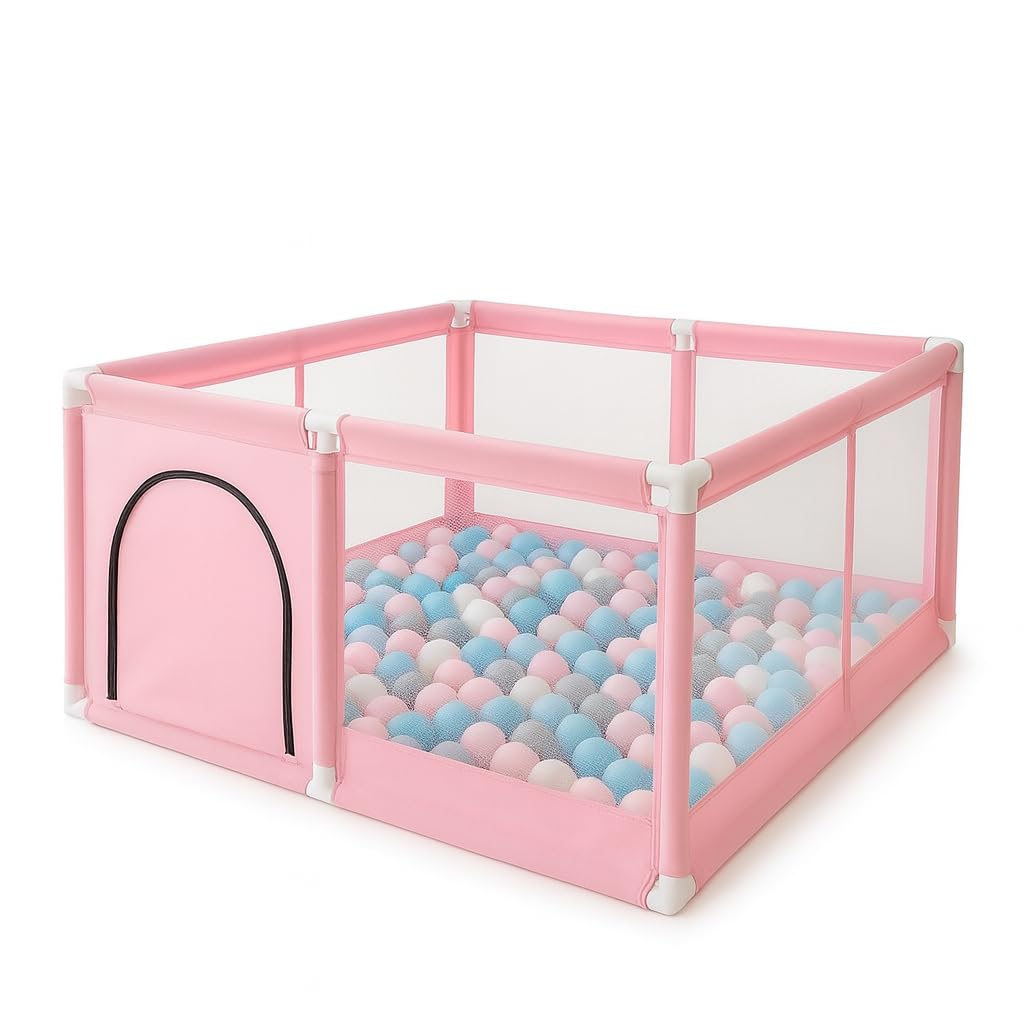 Baby Playpen with Ball – Portable Play Yard with Breathable Mesh Panels |Toddler Safety Fence for Indoor & Outdoor Use | Activity for Babies, Boys & Girls (Multicolour) (Baby Pink)-picture-28
