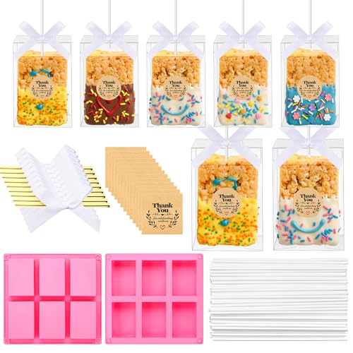 Patelai Rice Cookie Treats Boxes with Sticks Kit 50 Clear Rice Cookie Treat Boxes with 2 Pcs Silicone Crispy Cereal Bar Mold Crispy Packaging Holder Gift Box Birthday Wedding Party Dessert Wrapped